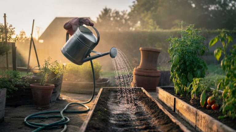 Illustration of a gardener watering plants at dawn during a heatwave