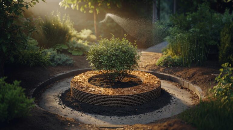 Illustration of a layered mulch ring around the base of a garden plant, using compost, cardboard, and wood chips to slow evaporation and improve hydration