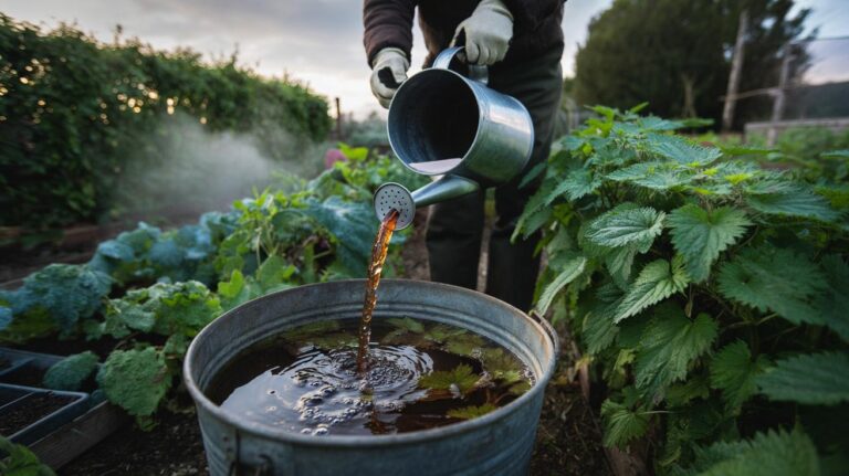Illustration of stinging nettles steeping in a bucket to make nettle tea liquid fertiliser, with the diluted brew being applied to leafy garden plants