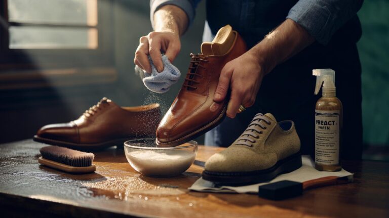 Illustration of a person gently cleaning leather and suede shoes with neutral soap and a microfiber cloth