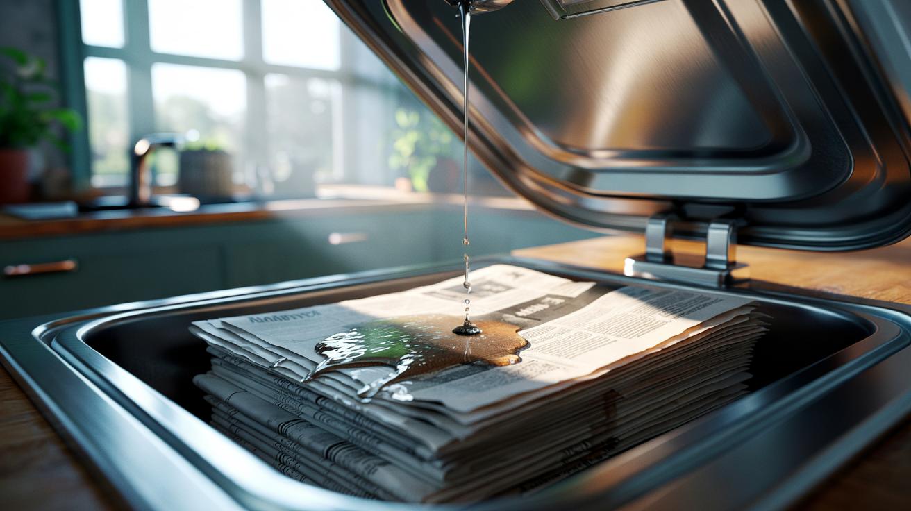 Illustration of layers of newspaper lining the bottom of a kitchen bin to absorb liquid leaks quickly
