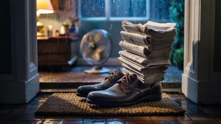 Illustration of wet shoes stuffed with dense newspaper layers to wick moisture quickly