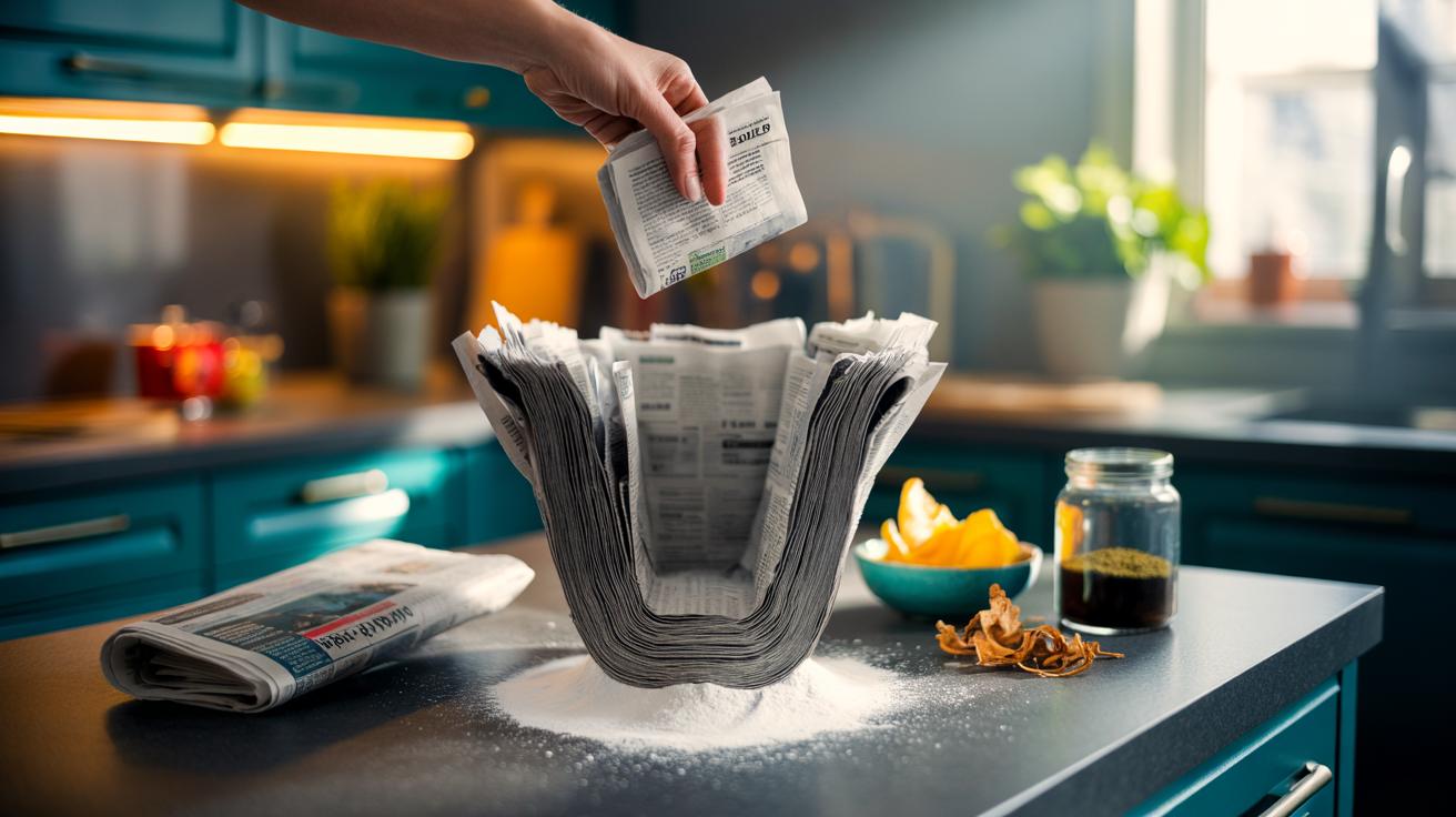 Illustration of a kitchen bin lined with newspaper to keep it clean and odour-free