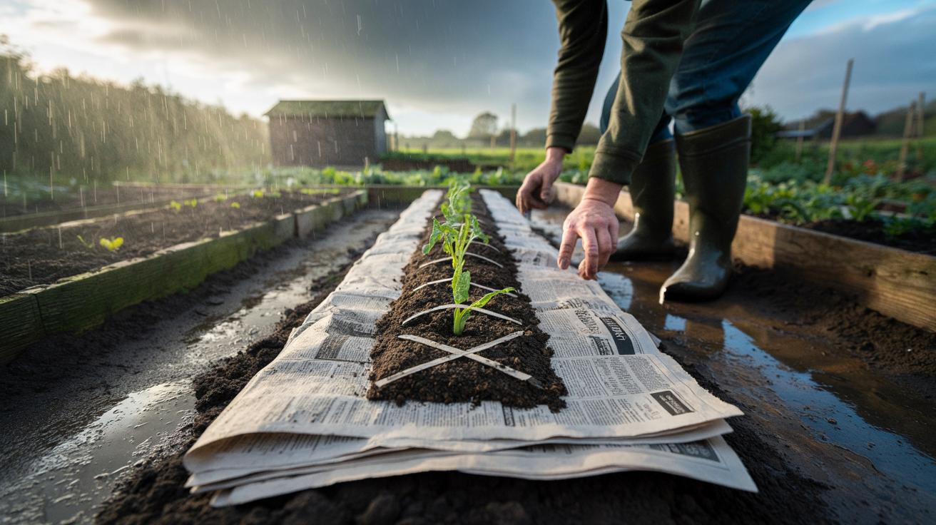Illustration of overlapping newspaper layers topped with mulch on a wet garden bed to prevent weed regrowth after rain