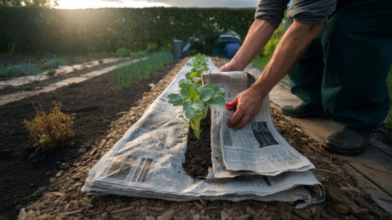 Illustration of layered newspaper mulch on a garden bed to retain soil moisture and block light