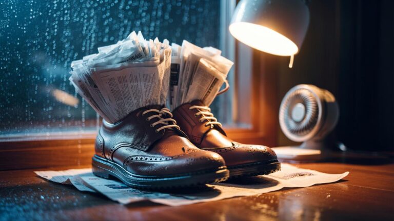 Illustration of wet shoes stuffed with newspaper for overnight drying
