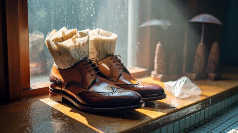 Illustration of newspaper stuffed inside shoes to absorb moisture and maintain shape
