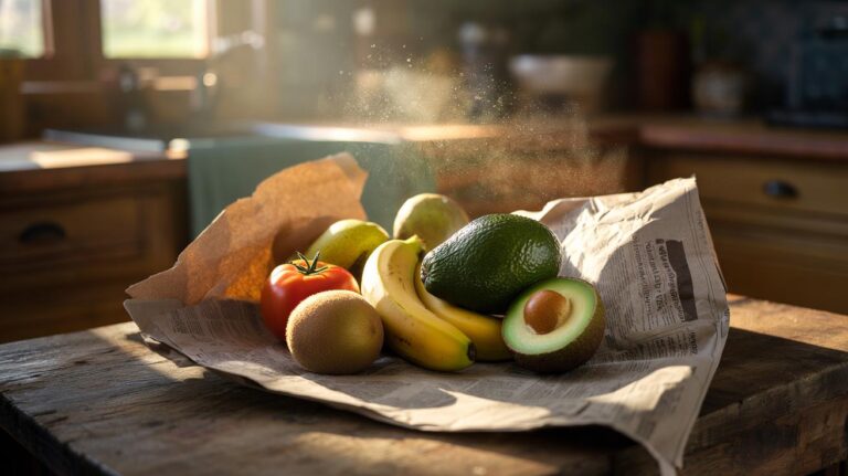 Illustration of fruit wrapped in newspaper to trap ethylene and accelerate ripening