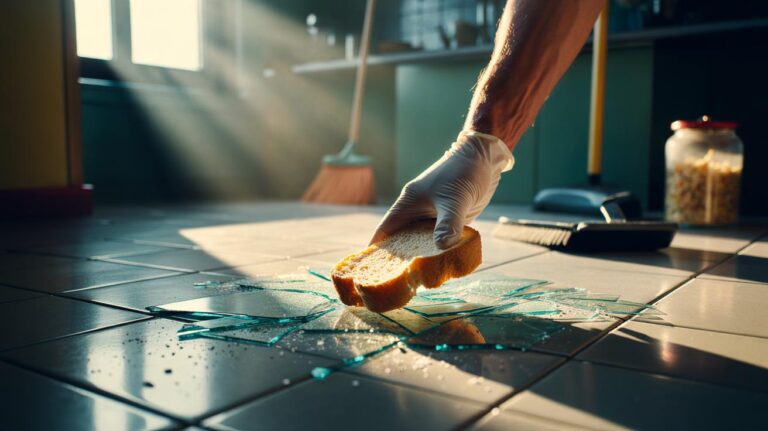 Illustration of a soft slice of bread being pressed onto broken glass shards on a hard floor
