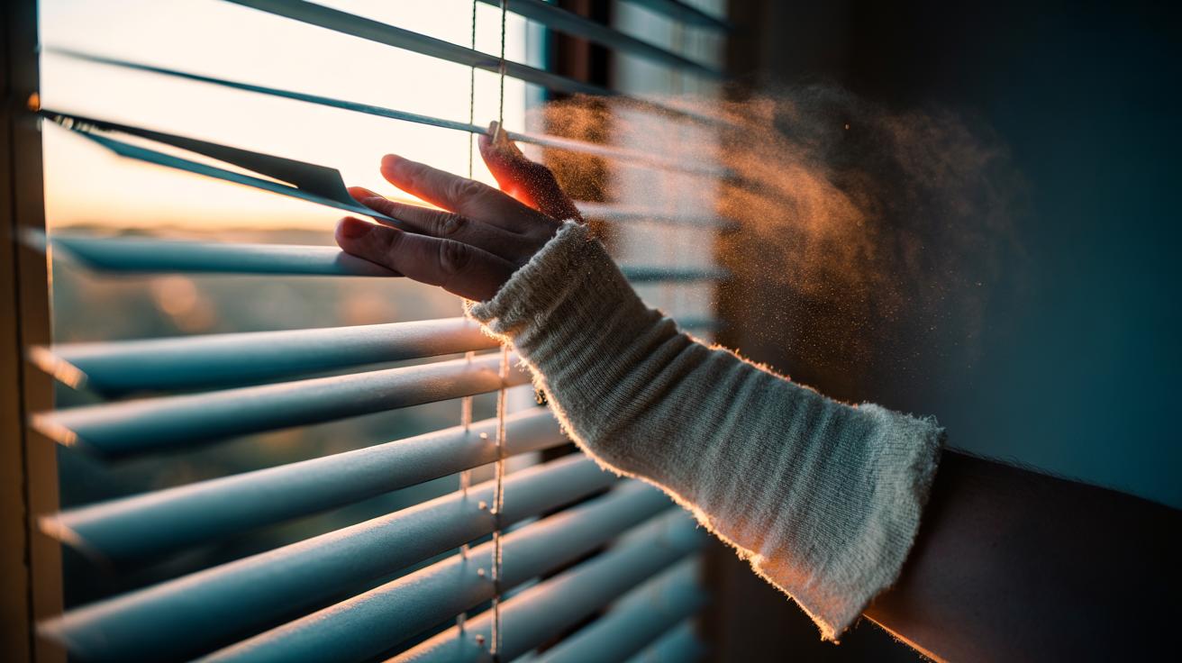 Illustration of a hand wearing an old sock dusting window blinds using static electricity