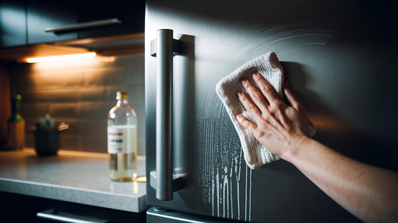 Illustration of a hand wearing an old cotton sock dampened with white vinegar, buffing a stainless steel appliance door along the grain to remove streaks