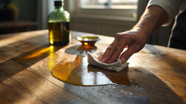 Illustration of olive oil being applied with a cloth to a scratched wooden tabletop to soften the look of scratches and restore natural shine