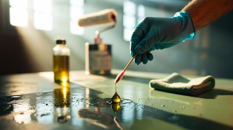 Illustration of a small dab of olive oil being applied to dried paint specks to soften and lift them