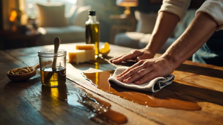 Illustration of applying an olive-oil and beeswax furniture polish with a soft cloth to a wooden table, revealing a natural sheen while nourishing and protecting the grain