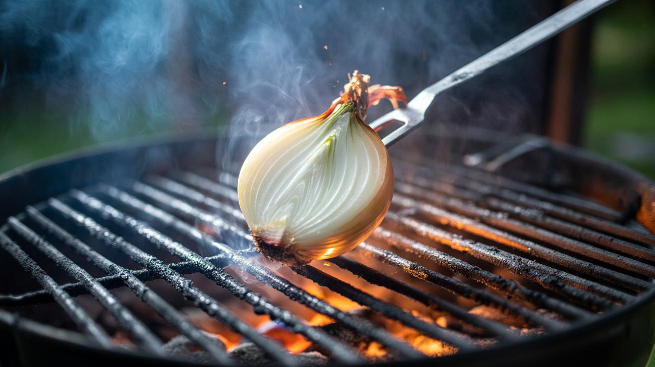 Illustration of a halved onion on a fork scrubbing hot grill grates, with heat and steam carrying sulfur compounds to break down grease
