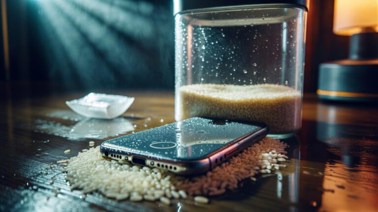 Illustration of a wet smartphone sealed in a container filled with uncooked rice, with grains drawing moisture from small crevices and ports