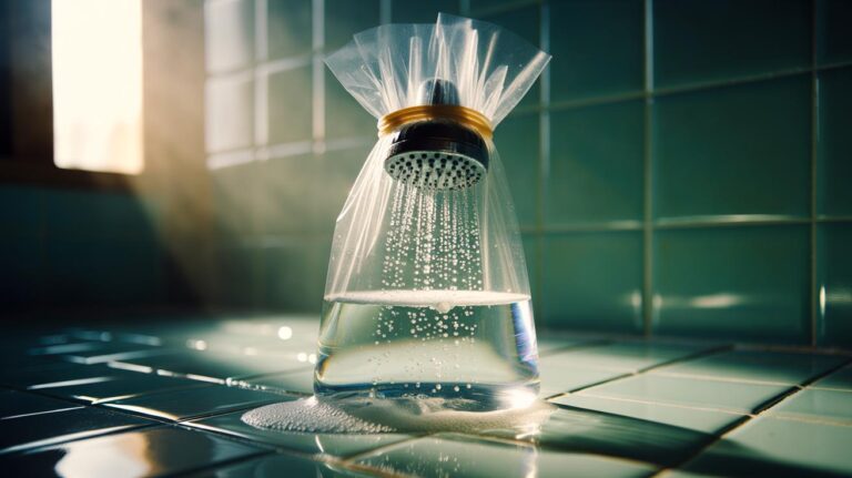 Illustration of a showerhead secured in a plastic bag filled with white vinegar for an overnight soak to dissolve limescale.