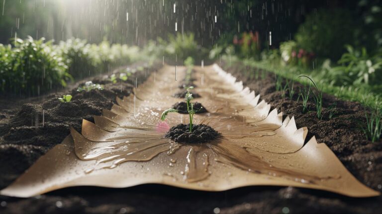 Illustration of a thin layer of paper mulch on garden soil during rainfall, diffusing raindrop impact and promoting even water infiltration