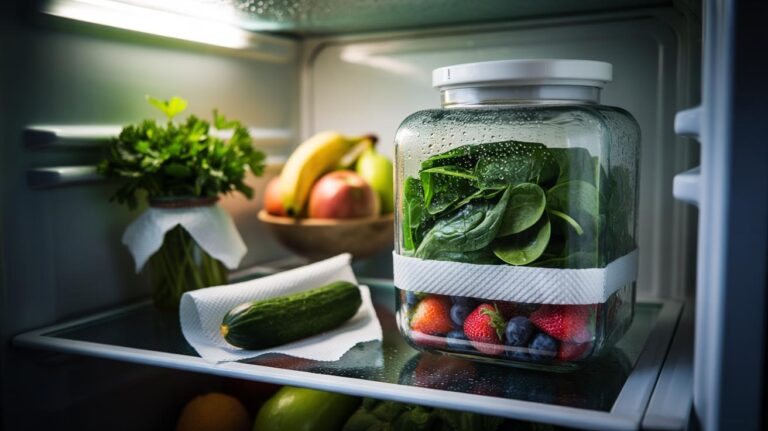 Illustration of a paper towel lining a produce container to absorb moisture and keep fruits and vegetables fresh for longer
