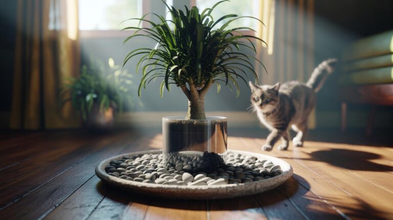 Illustration of a potted houseplant set inside a cachepot with a pebble base that adds weight to lower the centre of gravity and prevent tipping