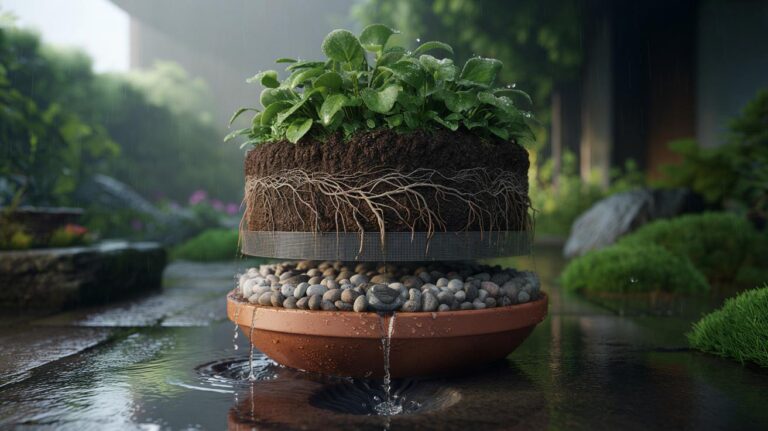 Illustration of a plant container cross-section with a pebble drainage layer beneath soil, showing roots above and water draining through holes