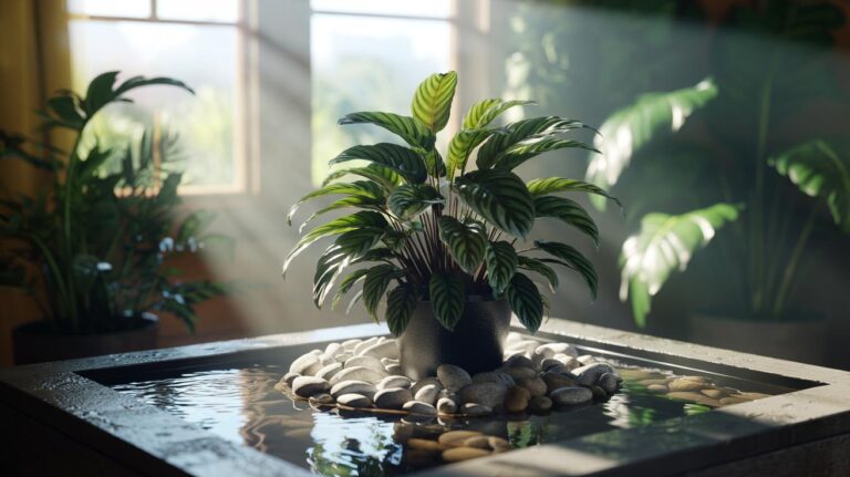 Illustration of a tropical houseplant on a pebble tray filled with water to increase humidity