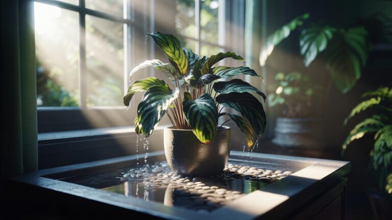 Illustration of a tropical houseplant resting on pebbles above a water-filled tray to raise leaf-level humidity via evaporation