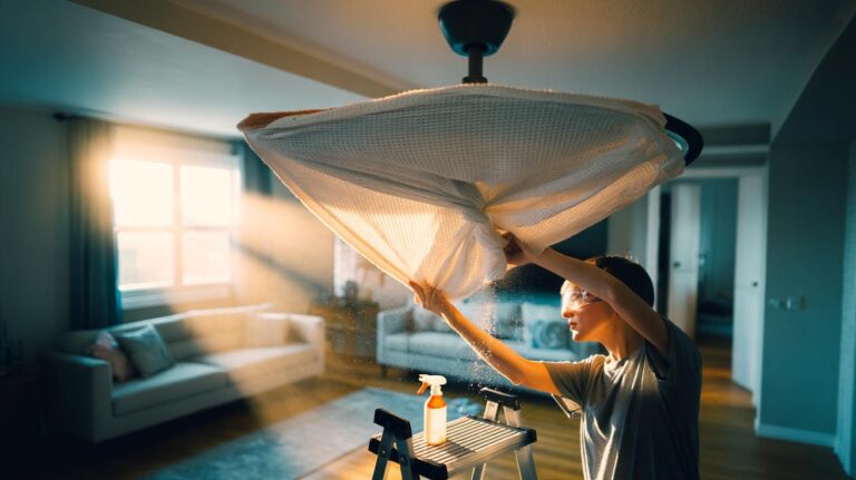 Illustration of hands using a pillowcase to clean a ceiling fan blade, trapping dust inside the fabric