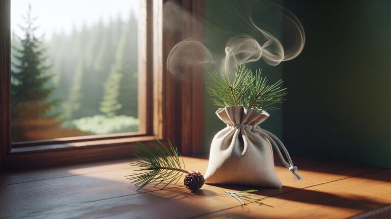 Illustration of a linen sachet filled with pine needles releasing terpenes to bring a forest-fresh scent indoors