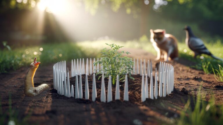 Illustration of plastic forks inserted tines-up around young plants to deter garden pests