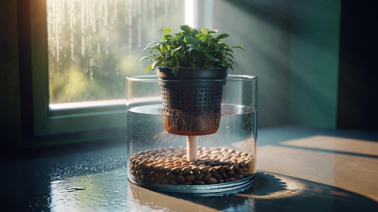 Illustration of a pot-in-pot setup with a perforated inner pot nested inside a larger outer pot above a LECA layer, showing an air gap for drainage and aeration to prevent root rot
