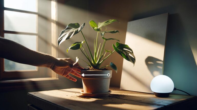 Illustration of a potted houseplant being rotated to balance light and encourage even growth