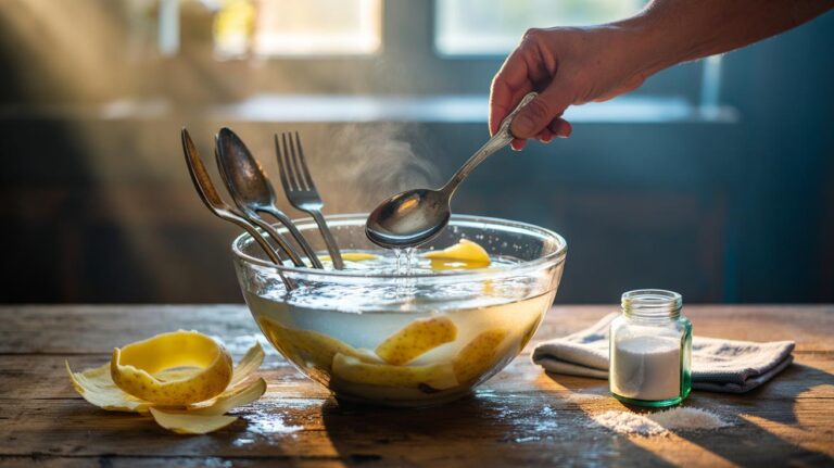 Illustration of dull silverware soaking in a bowl of starchy water with potato peels