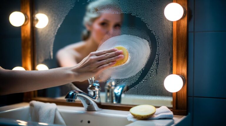 Illustration of a hand rubbing a bathroom mirror with a raw potato slice to create a natural starch film that repels fog and smudges