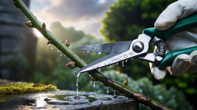 Illustration of a gardener using sharp secateurs to make a 30–45° angled cut above an outward-facing bud so water runs off and disease risk is reduced