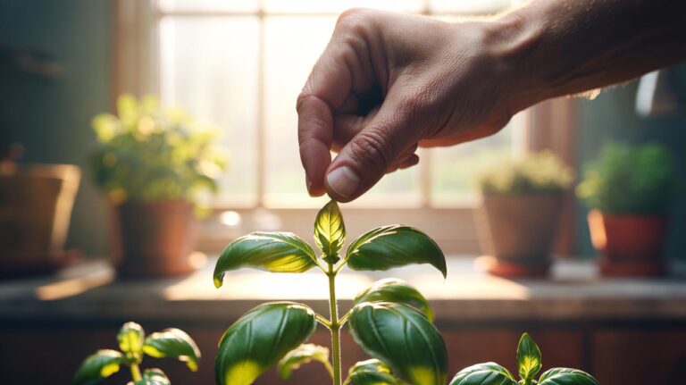 Illustration of a hand pinching the tip of a basil plant above a leaf node to promote side shoots