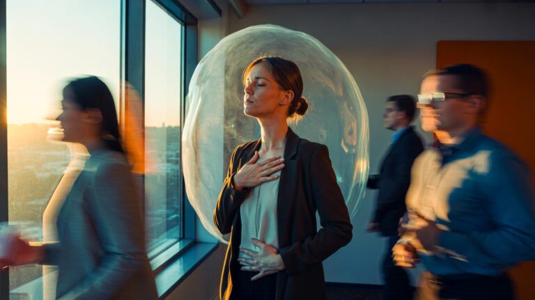 Illustration of a person taking a brief breathing pause—applying a psychological oxygen mask—before tackling stressful demands