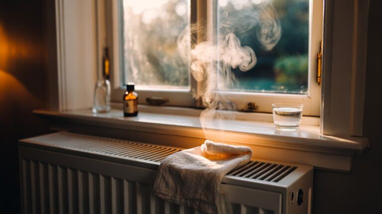 Illustration of a damp, scented cloth draped over a home radiator, with warm airflow dispersing fragrance evenly through the room