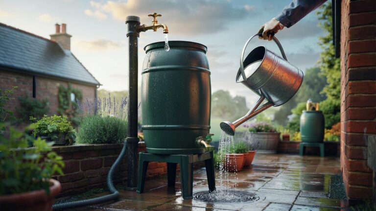 Illustration of a rain barrel (water butt) connected to a gutter downpipe, collecting rainwater as a gardener fills a watering can to irrigate the garden