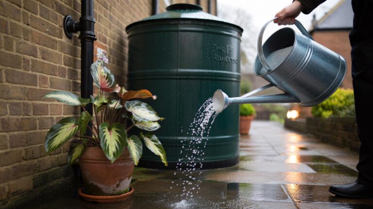 Illustration of collecting soft rainwater in a lidded water butt and using it on houseplants to prevent mineral burn and keep leaves spot-free