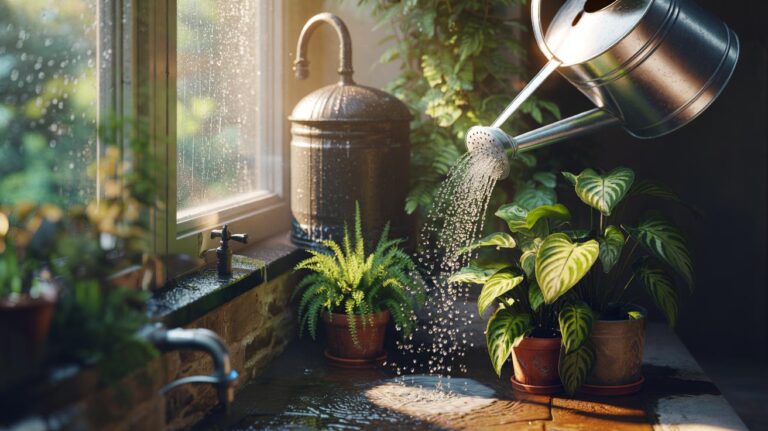 Illustration of rainwater collected in a covered barrel and poured from a watering can onto indoor houseplants to prevent mineral stress