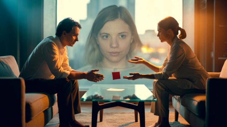 Illustration of a therapist and client turning a negative thought into a more accurate, helpful sentence to shift mood