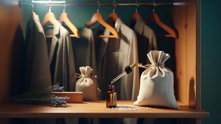 Illustration of cotton sachets filled with rice and scented with essential oils placed inside a wardrobe to keep clothes fresh