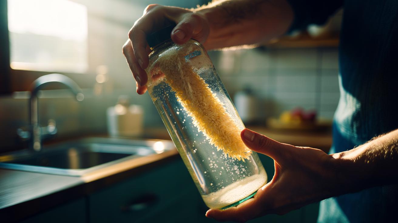 The rice + dish soap shake that cleans narrow bottles : how grains scrub hard-to-reach spots