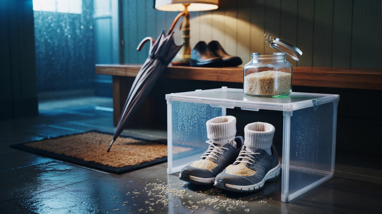 Illustration of the rice-jar method drying damp shoes, using uncooked rice in jars and socks within a sealed container