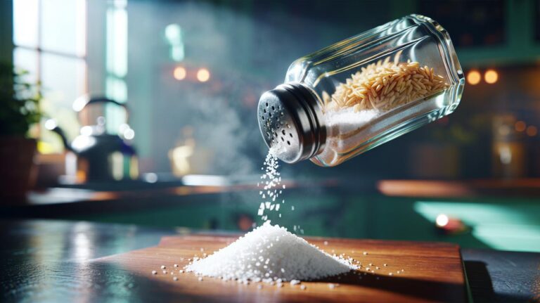 Illustration of a salt shaker with rice grains added to prevent clumping in humid air