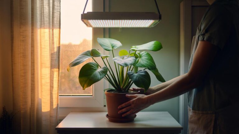 Illustration of a person rotating a potted houseplant by a quarter turn near a bright window to distribute light evenly and promote healthier, symmetrical leaves