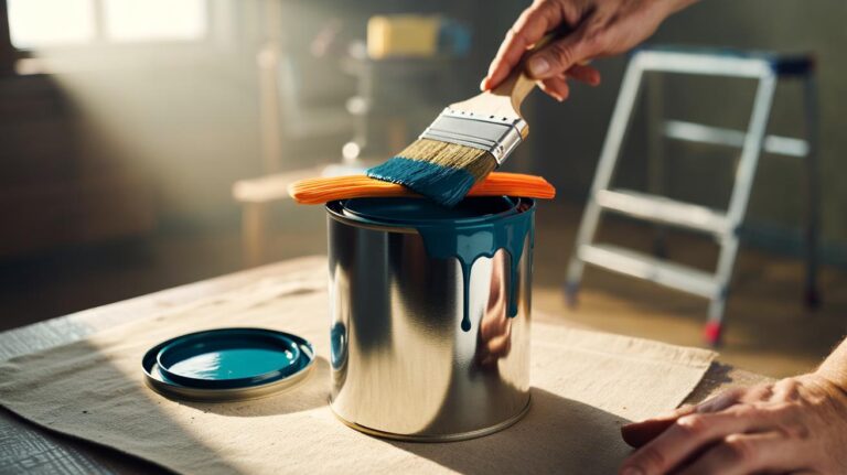 Illustration of a paint can with a taut rubber band stretched across the opening, a paintbrush wiping excess paint on the band to prevent drips and keep the rim clean