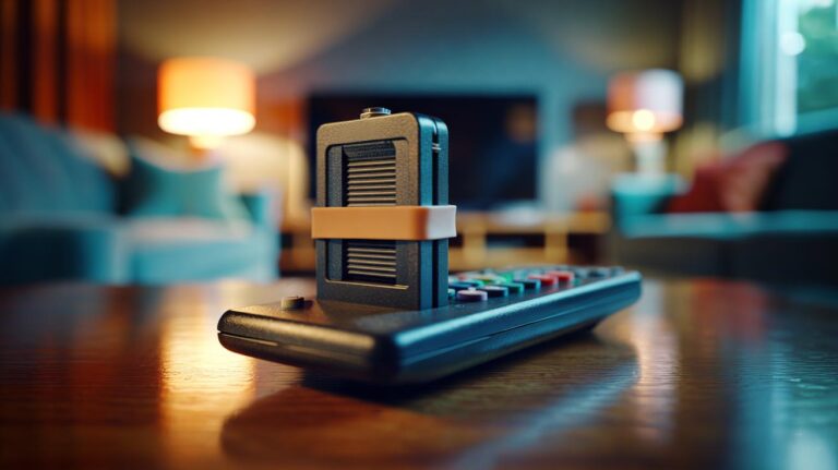 Illustration of a TV remote with a rubber band wrapped around the battery compartment to hold AA/AAA batteries firmly in place