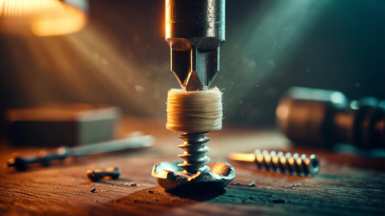 Illustration of a rubber band placed between a screwdriver bit and a stripped screw to increase grip for easy removal